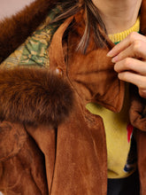 Load image into Gallery viewer, The Brown Suede Leather Hoodie Jacket | Vintage real suede leather fluffy fur hoodie padded coat M