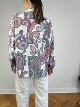 Load image into Gallery viewer, The White Pink Art Pattern Shirt | Vintage 90s viscose long sleeve crazy print women blouse L