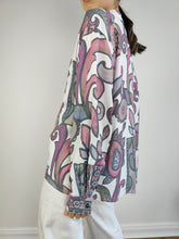 Load image into Gallery viewer, The White Pink Art Pattern Shirt | Vintage 90s viscose long sleeve crazy print women blouse L