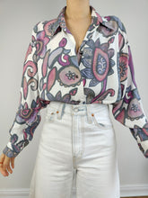 Load image into Gallery viewer, The White Pink Art Pattern Shirt | Vintage 90s viscose long sleeve crazy print women blouse L