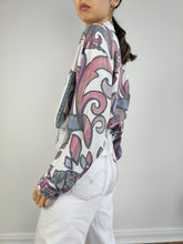 Load image into Gallery viewer, The White Pink Art Pattern Shirt | Vintage 90s viscose long sleeve crazy print women blouse L