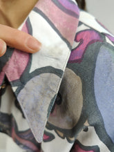 Load image into Gallery viewer, The White Pink Art Pattern Shirt | Vintage 90s viscose long sleeve crazy print women blouse L