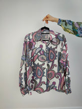 Load image into Gallery viewer, The White Pink Art Pattern Shirt | Vintage 90s viscose long sleeve crazy print women blouse L
