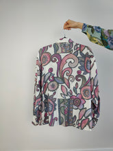 Load image into Gallery viewer, The White Pink Art Pattern Shirt | Vintage 90s viscose long sleeve crazy print women blouse L