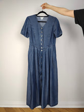 Load image into Gallery viewer, The Dark Blue Maxi Denim Shirt Dress | Vintage 90s jeans button down spring summer short sleeve long dress S