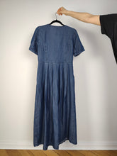 Load image into Gallery viewer, The Dark Blue Maxi Denim Shirt Dress | Vintage 90s jeans button down spring summer short sleeve long dress S