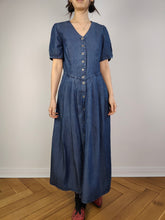 Load image into Gallery viewer, The Dark Blue Maxi Denim Shirt Dress | Vintage 90s jeans button down spring summer short sleeve long dress S