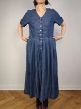 Load image into Gallery viewer, The Dark Blue Maxi Denim Shirt Dress | Vintage 90s jeans button down spring summer short sleeve long dress S