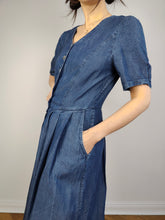 Load image into Gallery viewer, The Dark Blue Maxi Denim Shirt Dress | Vintage 90s jeans button down spring summer short sleeve long dress S