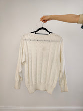 Load image into Gallery viewer, The White Cable Crochet Knit Pullover | Vintage sweater jumper plain boat neckline women summer spring top balloon sleeves M