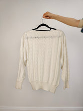 Load image into Gallery viewer, The White Cable Crochet Knit Pullover | Vintage sweater jumper plain boat neckline women summer spring top balloon sleeves M