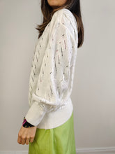 Load image into Gallery viewer, The White Cable Crochet Knit Pullover | Vintage sweater jumper plain boat neckline women summer spring top balloon sleeves M