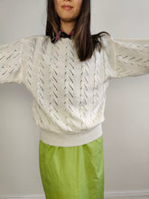 Load image into Gallery viewer, The White Cable Crochet Knit Pullover | Vintage sweater jumper plain boat neckline women summer spring top balloon sleeves M
