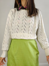 Load image into Gallery viewer, The White Cable Crochet Knit Pullover | Vintage sweater jumper plain boat neckline women summer spring top balloon sleeves M