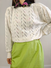 Load image into Gallery viewer, The White Cable Crochet Knit Pullover | Vintage sweater jumper plain boat neckline women summer spring top balloon sleeves M