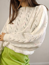 Load image into Gallery viewer, The White Cable Crochet Knit Pullover | Vintage sweater jumper plain boat neckline women summer spring top balloon sleeves M