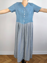 Load image into Gallery viewer, The Blue Denim Check Skirt Dress | Vintage jeans spring summer midi skirt checker plaid white S-M