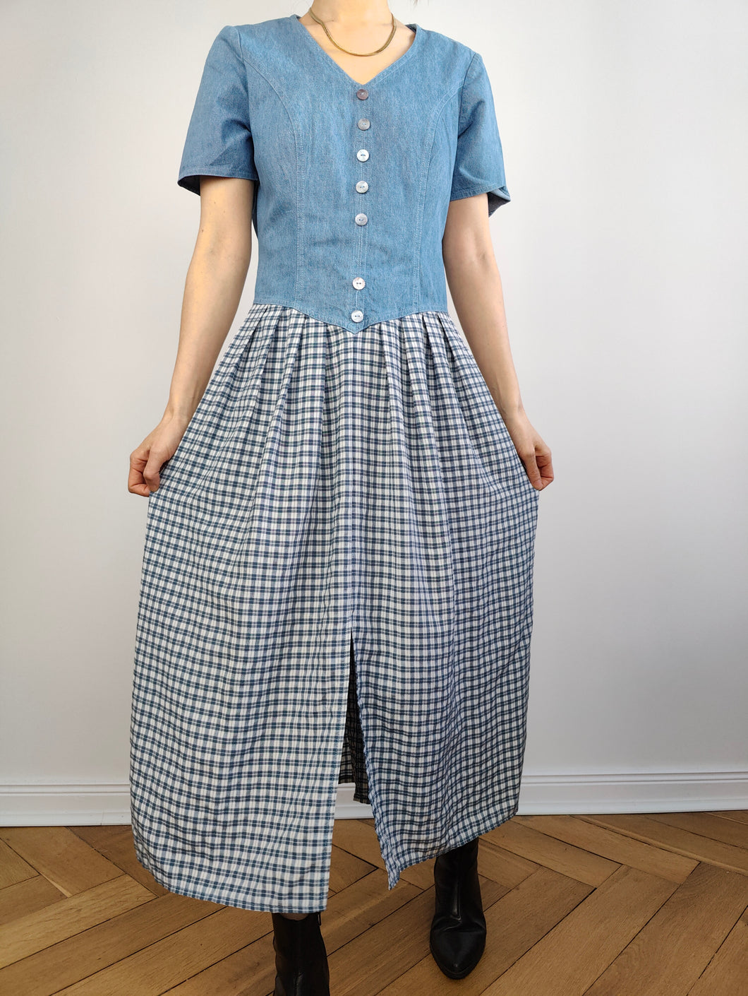 The Blue Denim Check Skirt Dress | Vintage jeans spring summer midi skirt checker plaid white S-M