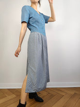 Load image into Gallery viewer, The Blue Denim Check Skirt Dress | Vintage jeans spring summer midi skirt checker plaid white S-M
