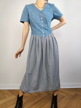 Load image into Gallery viewer, The Blue Denim Check Skirt Dress | Vintage jeans spring summer midi skirt checker plaid white S-M
