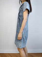 Load image into Gallery viewer, The Acid Wash Mini Denim Dress | Vintage 90s blue jeans diamonds spring summer mini dungaree dress S