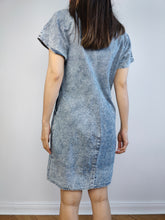 Load image into Gallery viewer, The Acid Wash Mini Denim Dress | Vintage 90s blue jeans diamonds spring summer mini dungaree dress S