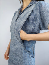 Load image into Gallery viewer, The Acid Wash Mini Denim Dress | Vintage 90s blue jeans diamonds spring summer mini dungaree dress S