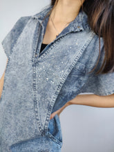 Load image into Gallery viewer, The Acid Wash Mini Denim Dress | Vintage 90s blue jeans diamonds spring summer mini dungaree dress S