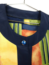 Load image into Gallery viewer, Vintage navy blue viscose shirt yellow orange short sleeve pattern print blouse L
