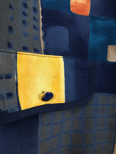 Load image into Gallery viewer, Vintage navy blue viscose shirt yellow orange short sleeve pattern print blouse L

