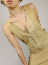 Load image into Gallery viewer, The Faux Suede | Vintage beige embroidery faux suede leather sleeveless mini dress S