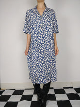 Load image into Gallery viewer, The Blue Bird | Vintage blue white print abstract pattern midi dress pleated M-L