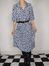 Load image into Gallery viewer, The Blue Bird | Vintage blue white print abstract pattern midi dress pleated M-L