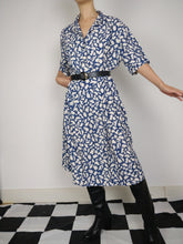 Load image into Gallery viewer, The Blue Bird | Vintage blue white print abstract pattern midi dress pleated M-L