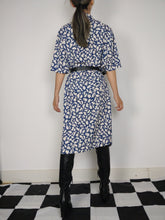 Load image into Gallery viewer, The Blue Bird | Vintage blue white print abstract pattern midi dress pleated M-L