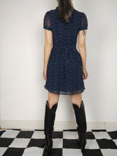 Load image into Gallery viewer, The Cute Navy | Preloved navy blue dress print abstract pattern mini tie collar XS