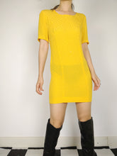 Load image into Gallery viewer, The Yellow Polka Dress | Vintage yellow bodycon dress polka dot shiny pattern XS-S