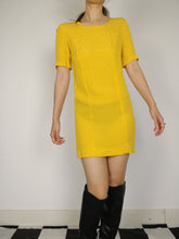 Load image into Gallery viewer, The Yellow Polka Dress | Vintage yellow bodycon dress polka dot shiny pattern XS-S
