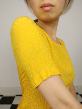 Load image into Gallery viewer, The Yellow Polka Dress | Vintage yellow bodycon dress polka dot shiny pattern XS-S