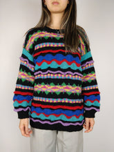 Load image into Gallery viewer, The Crazy Black Knit | Vintage knit sweater pullover structural pattern jumper black red blue purple winter S-M