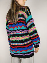 Load image into Gallery viewer, The Crazy Black Knit | Vintage knit sweater pullover structural pattern jumper black red blue purple winter S-M