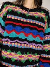 Load image into Gallery viewer, The Crazy Black Knit | Vintage knit sweater pullover structural pattern jumper black red blue purple winter S-M