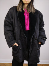 Load image into Gallery viewer, The Black Faux Sherpa Coat | Vintage cotton winter coat with faux sherpa collar lined padded faux shearling coat jacket M