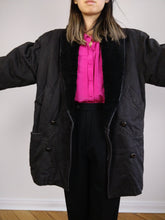 Load image into Gallery viewer, The Black Faux Sherpa Coat | Vintage cotton winter coat with faux sherpa collar lined padded faux shearling coat jacket M