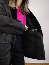 Load image into Gallery viewer, The Black Faux Sherpa Coat | Vintage cotton winter coat with faux sherpa collar lined padded faux shearling coat jacket M