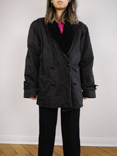 Load image into Gallery viewer, The Black Faux Sherpa Coat | Vintage cotton winter coat with faux sherpa collar lined padded faux shearling coat jacket M