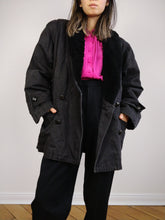 Load image into Gallery viewer, The Black Faux Sherpa Coat | Vintage cotton winter coat with faux sherpa collar lined padded faux shearling coat jacket M
