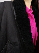 Load image into Gallery viewer, The Black Faux Sherpa Coat | Vintage cotton winter coat with faux sherpa collar lined padded faux shearling coat jacket M