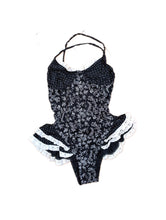 Load image into Gallery viewer, The Swimming Suit Ruffles Black and White Flower Print | Vintage second hand floral pattern bathing swim wear top M
