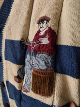 Load image into Gallery viewer, The Fisherman Cream Blue Stripe Cardigan Jacket | Vintage Creazioni Luxus Firenze cotton blend embroidery patch knit knitted M-L
